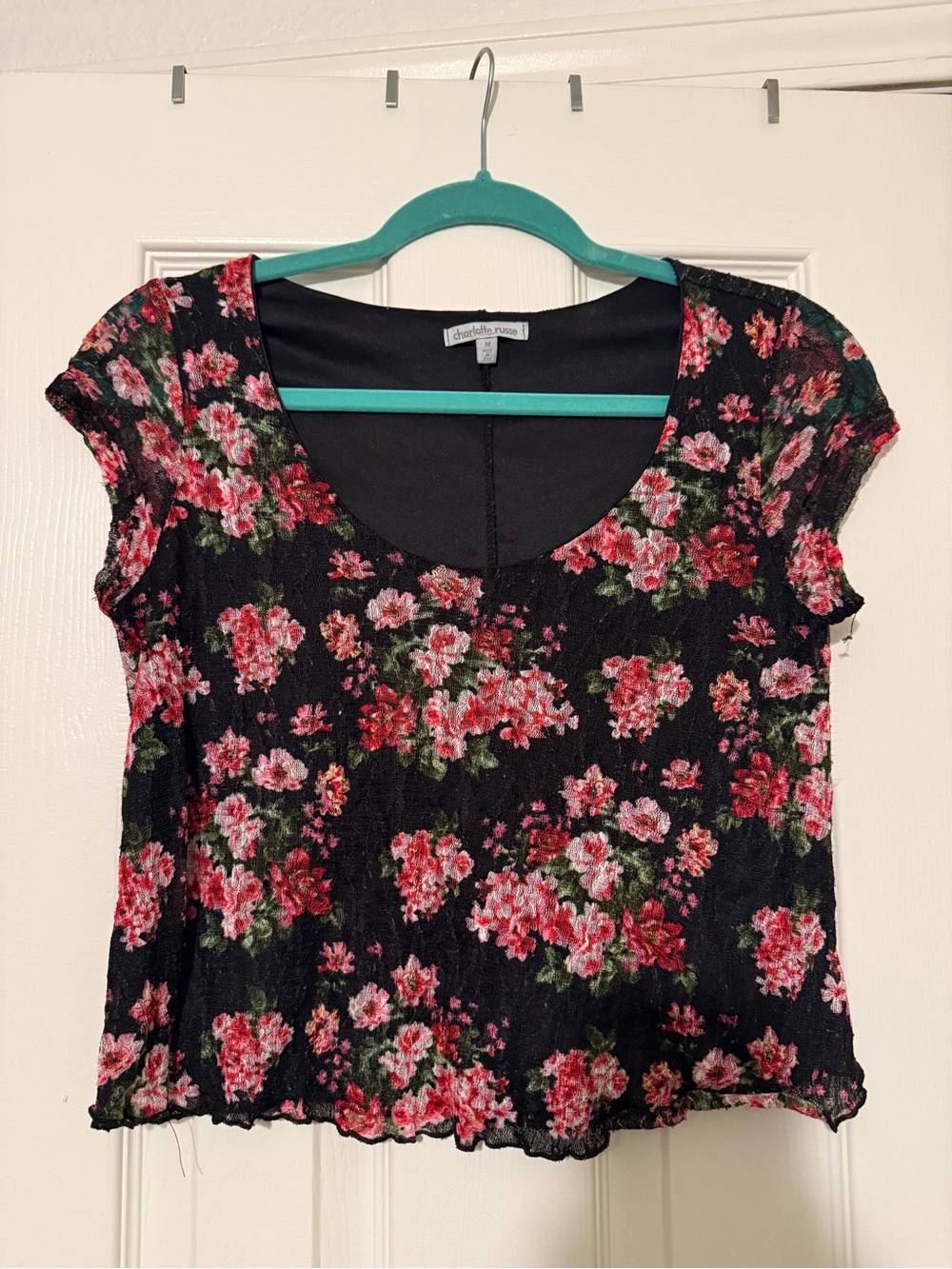 Charlotte Russe Black Floral Scoop Neck Crop Top with Pink & Red Blooms